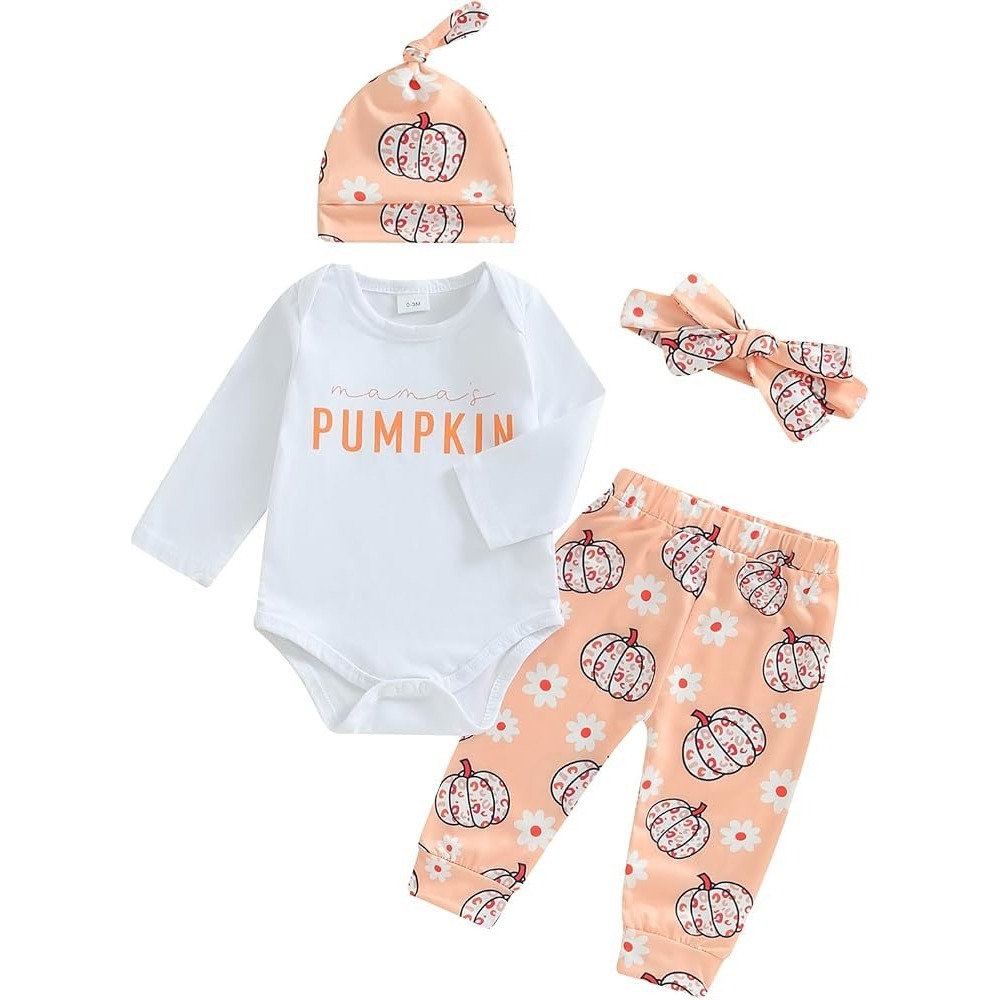 Mamas Pumpkin 4pc Baby Outfit Set Bodysuit Joggers Hat Headband